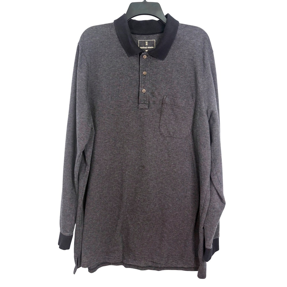 Mutual Weave Mens Long Sleeve Polo Shirt 2XLT Charcoal Gray Herringbone Pocket